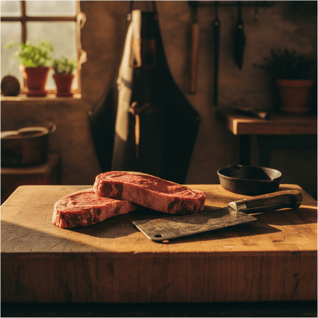 Bistecche tagliate a mano su tagliere di legno