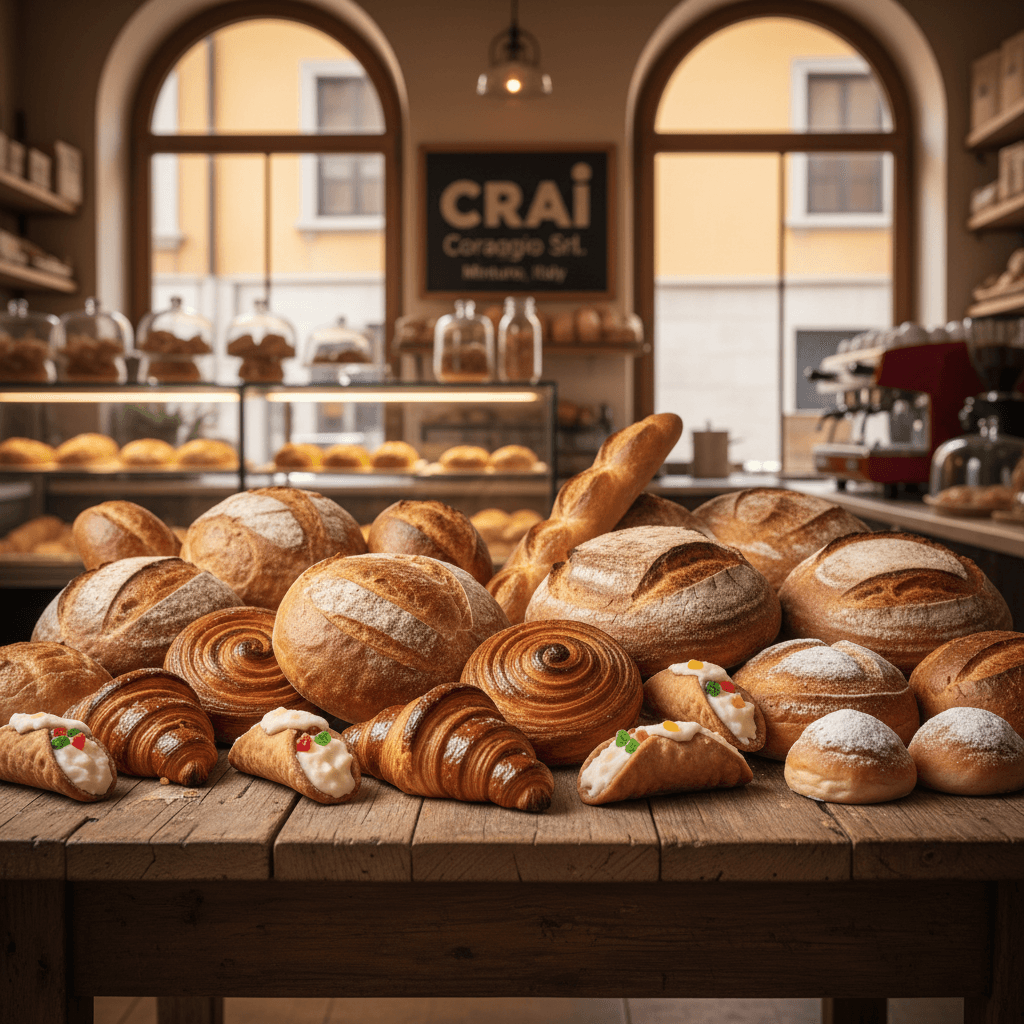 Assortimento di pane fresco, cornetti e cannoli siciliani su un tavolo rustico in una panetteria.