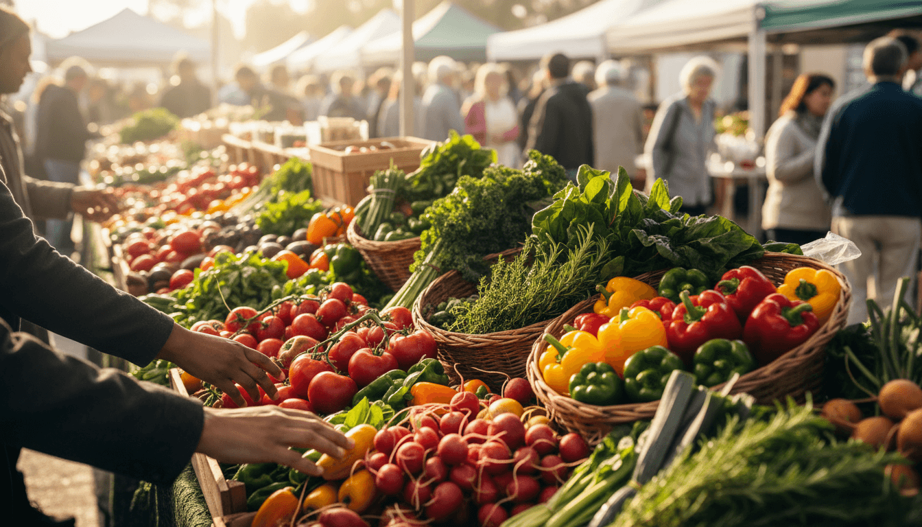 Colorful fresh produce display at local farmers market with vibrant seasonal vegetables and fruits in wooden crates