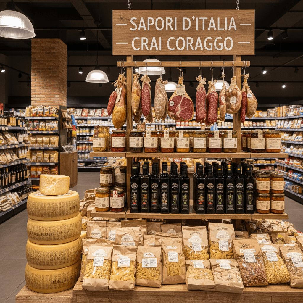 Display of specialty Italian products at CRAI Coraggio supermarket in Minturno.