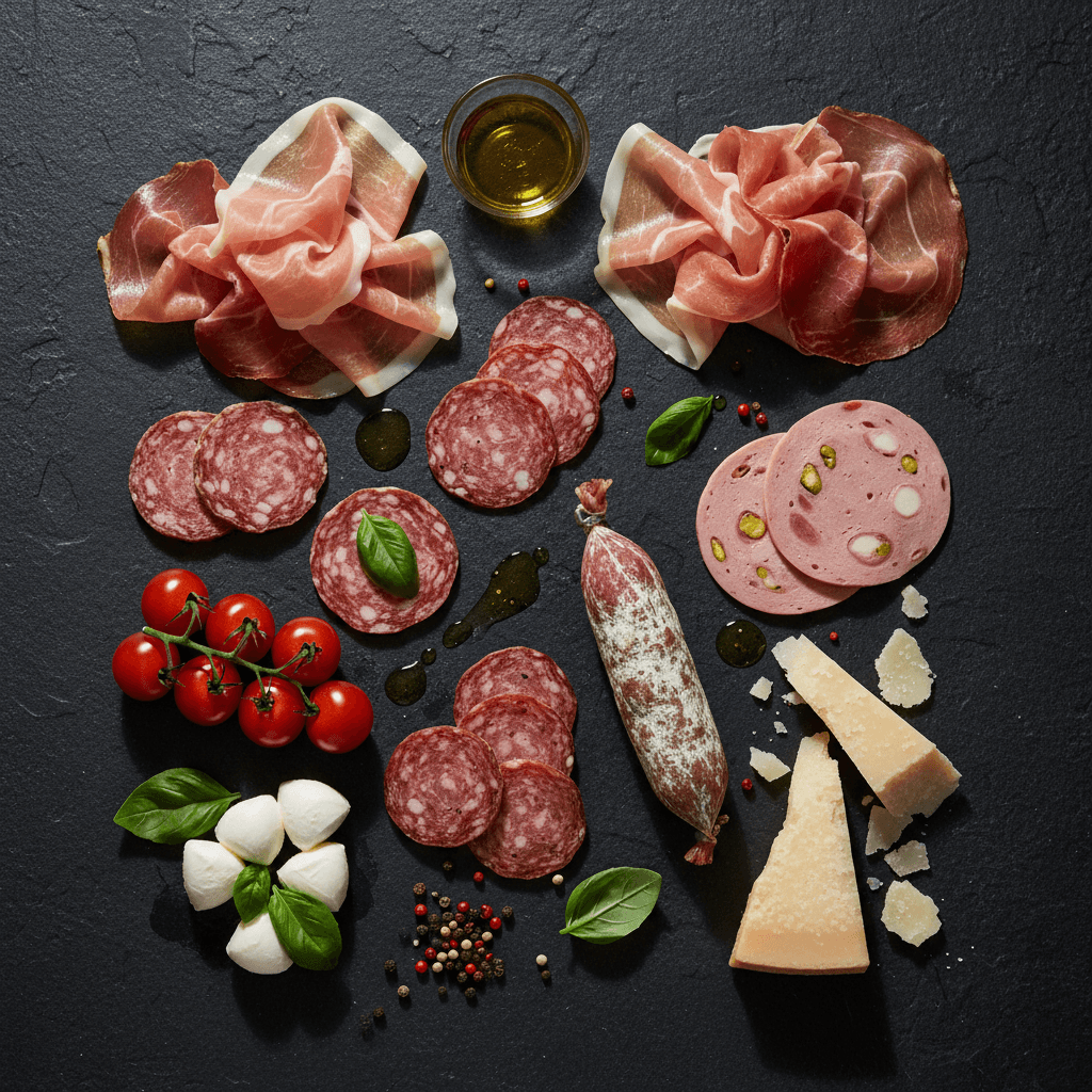 Composizione artistica di carni fresche e prodotti curati