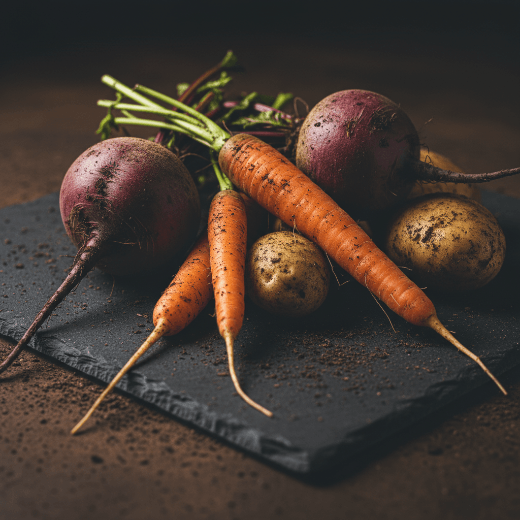 Verdure a radice fresche con terra