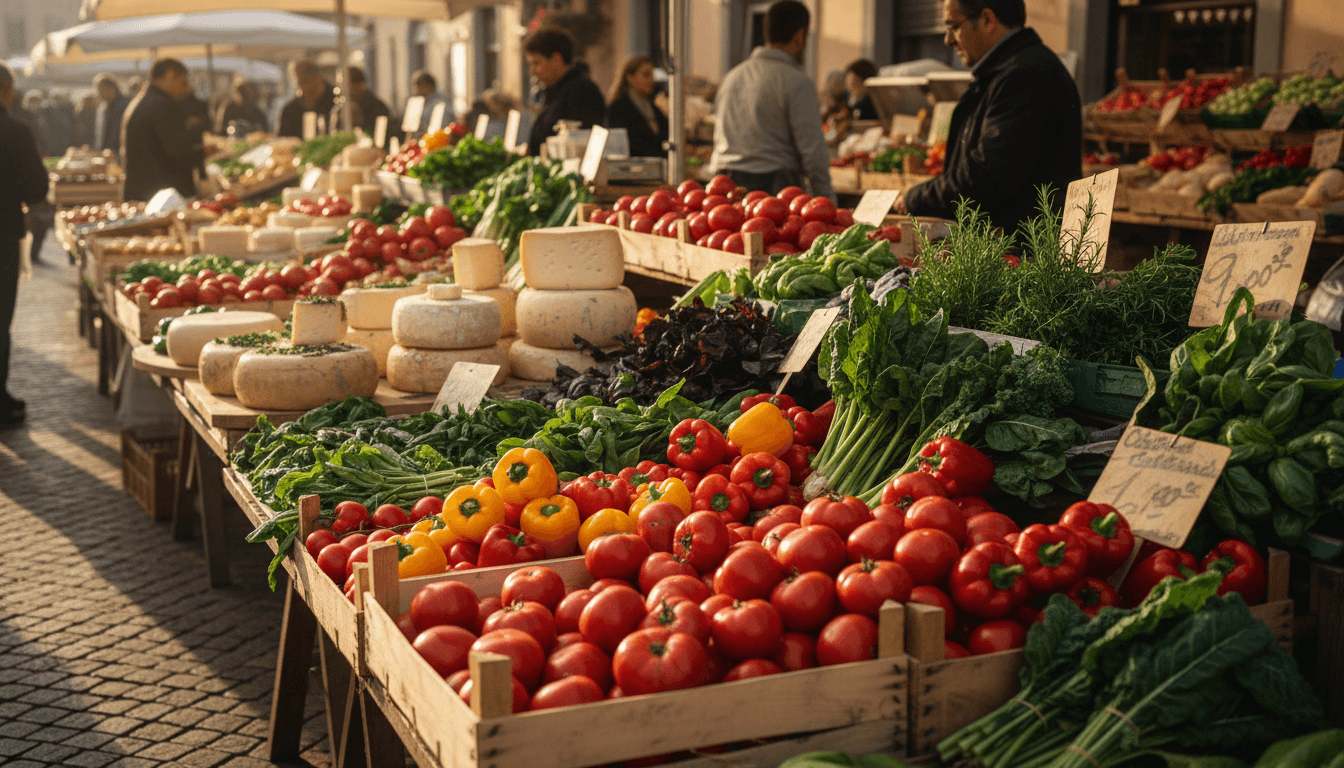 Mercato rionale con prodotti freschi locali di stagione, frutta e verdura colorate in esposizione